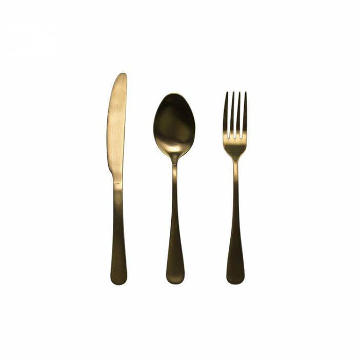 Luxe 3-delige gouden bestekset van roestvrij staal met hoogglans afwerking, bestaande uit vork, mes en lepel — ideaal voor feestelijke tafeldecoratie.