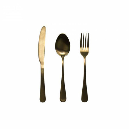 Luxe 3-delige gouden bestekset van roestvrij staal met hoogglans afwerking, bestaande uit vork, mes en lepel — ideaal voor feestelijke tafeldecoratie.