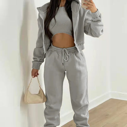 Dames 3-Delige Comfort Couture Set – Hoodie, Top & Hoge Taille Joggingbroek