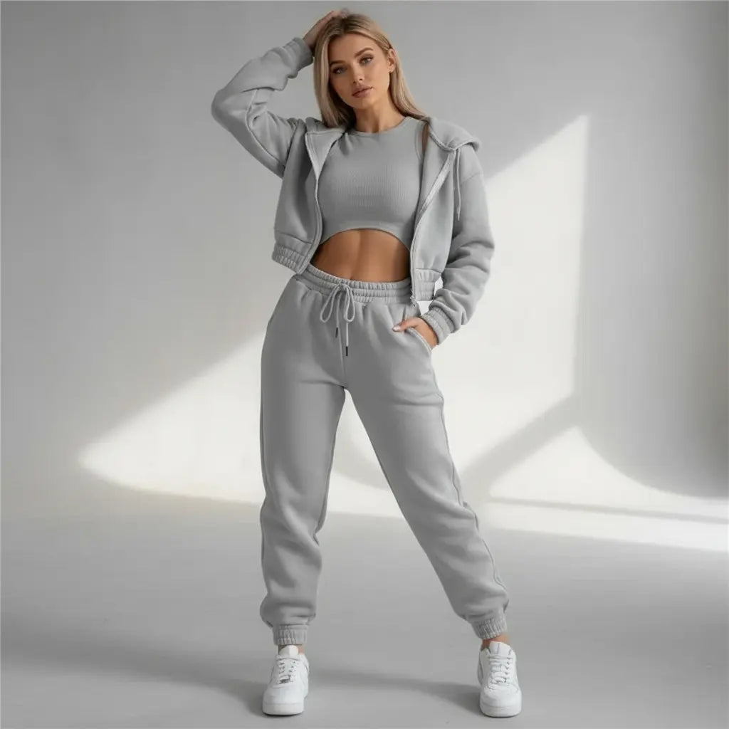 Dames 3-Delige Comfort Couture Set – Hoodie, Top & Hoge Taille Joggingbroek