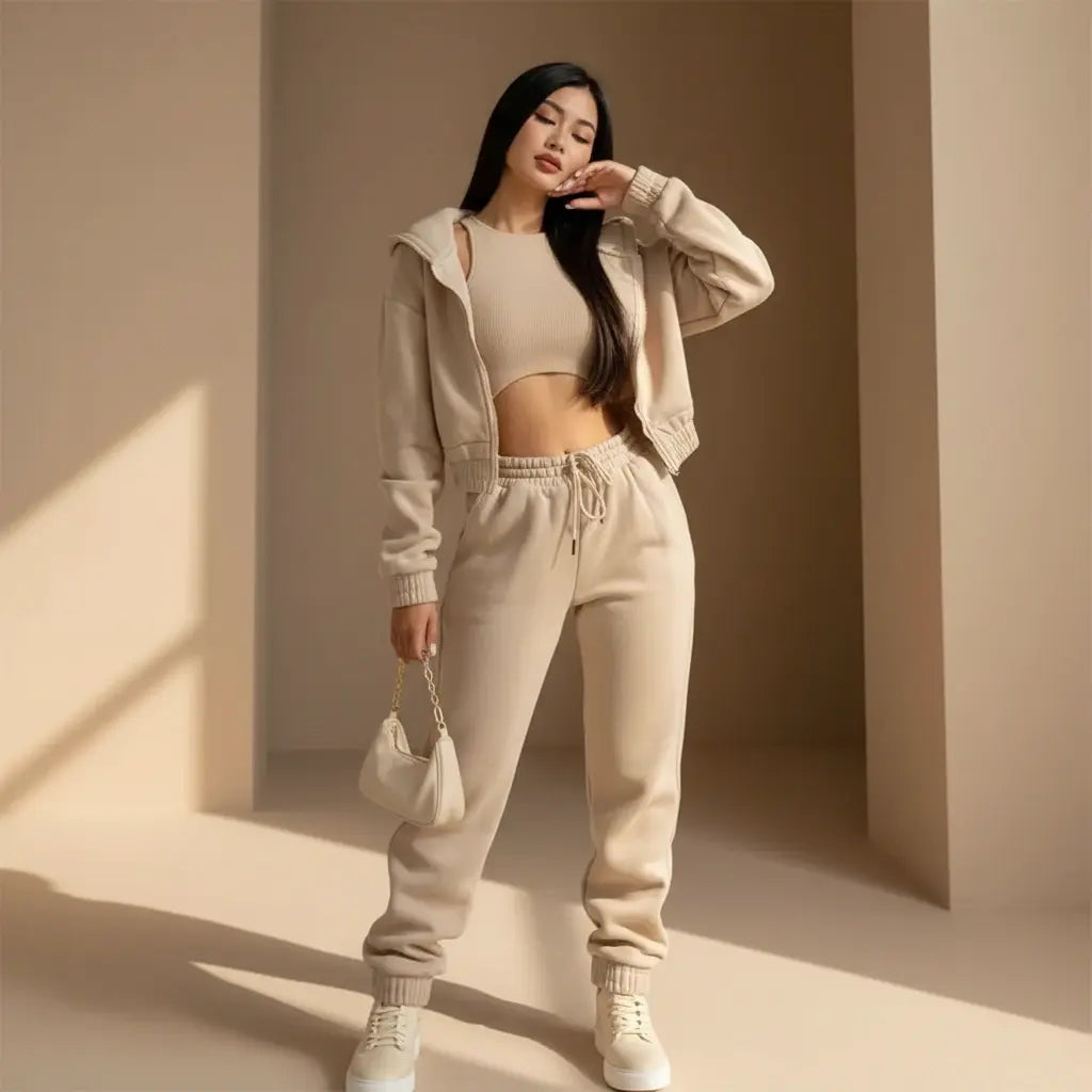 Dames 3-Delige Comfort Couture Set – Hoodie, Top & Hoge Taille Joggingbroek