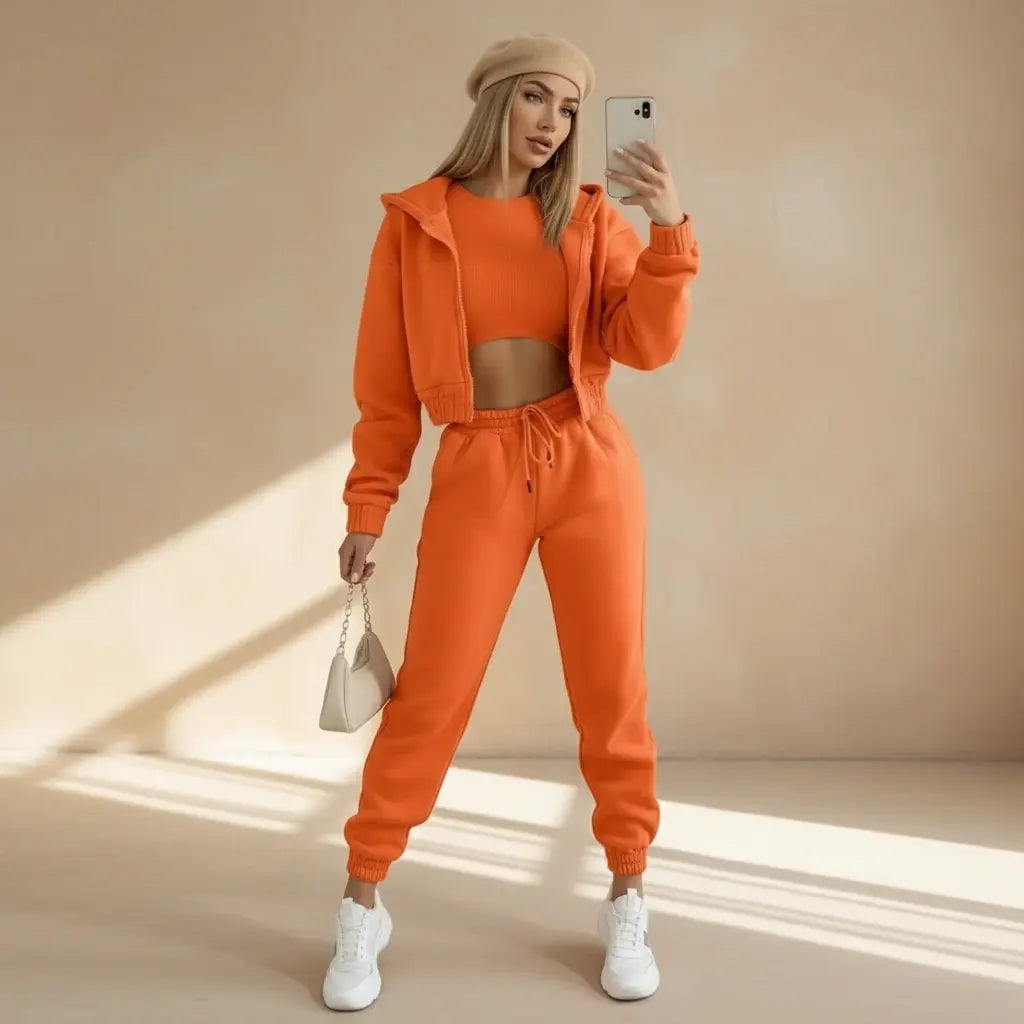 Dames 3-Delige Comfort Couture Set – Hoodie, Top & Hoge Taille Joggingbroek