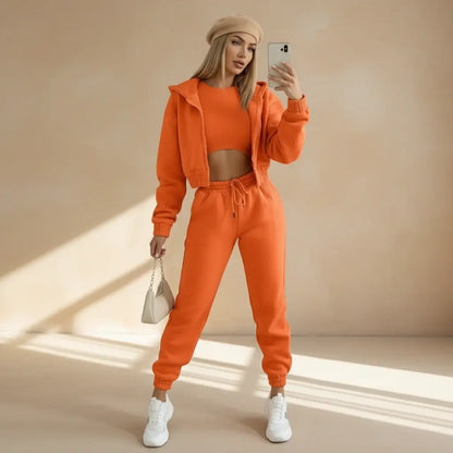 Dames 3-Delige Comfort Couture Set – Hoodie, Top & Hoge Taille Joggingbroek