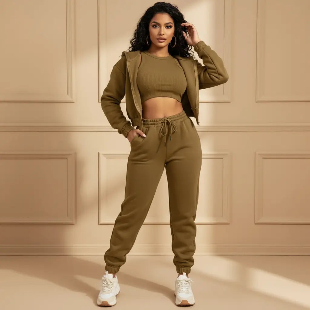 Dames 3-Delige Comfort Couture Set – Hoodie, Top & Hoge Taille Joggingbroek