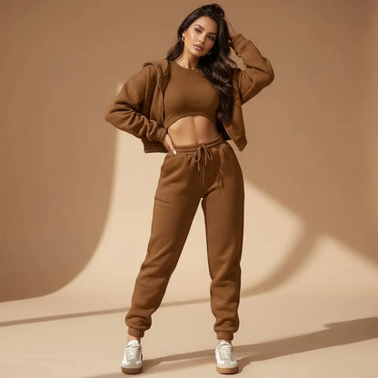 Dames 3-Delige Comfort Couture Set – Hoodie, Top & Hoge Taille Joggingbroek