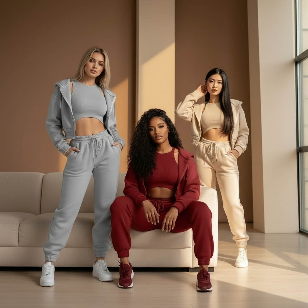 Dames 3-Delige Comfort Couture Set – Hoodie, Top & Hoge Taille Joggingbroek