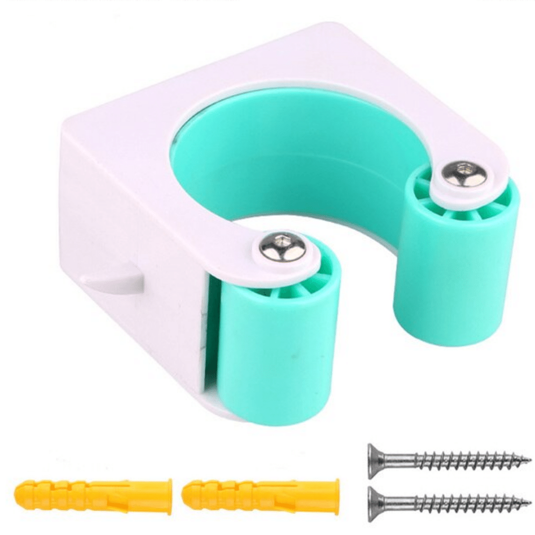 Compacte witte wandhouder met turquoise rubberclip, ideaal voor het ophangen van fietsen of accessoires.