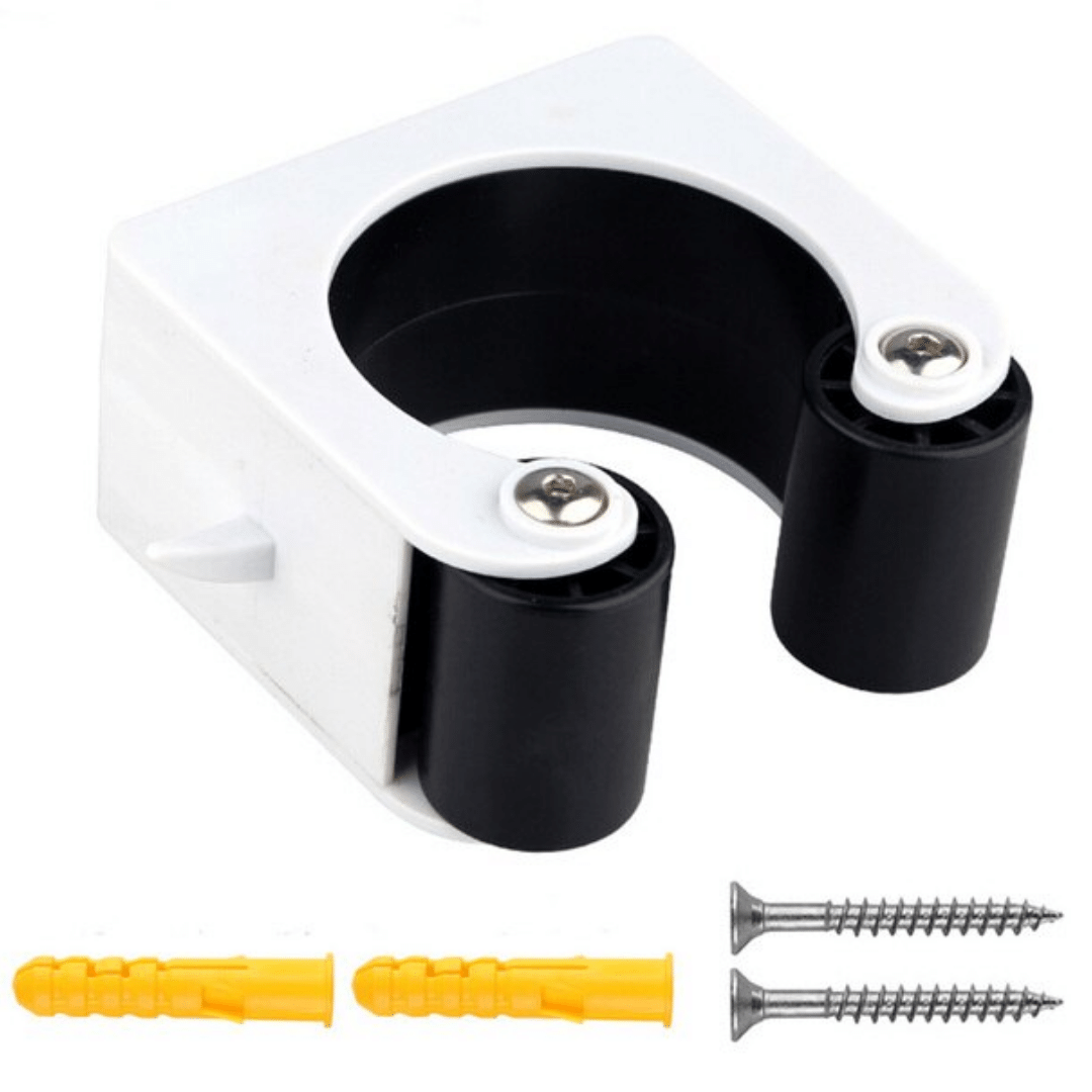 Witte muurclip met zwarte rubberklem, geschikt voor fietsopslag of sportuitrusting.