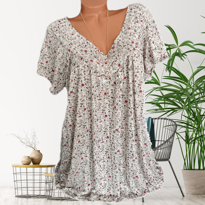 Nousa - Zomers T-shirt met V-hals, losse korte mouwen voor dames