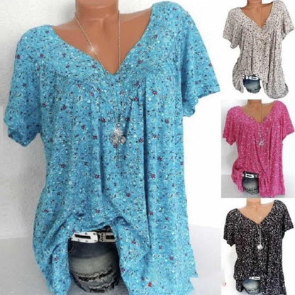 Nousa - Zomers T-shirt met V-hals, losse korte mouwen voor dames