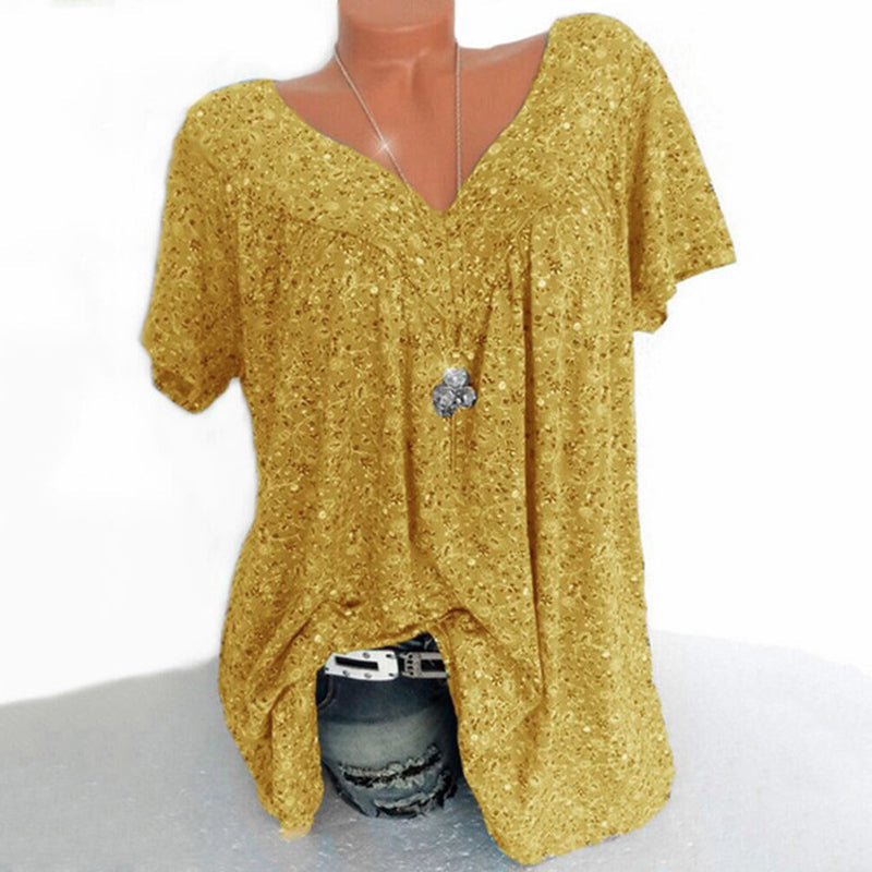 Nousa - Zomers T-shirt met V-hals, losse korte mouwen voor dames