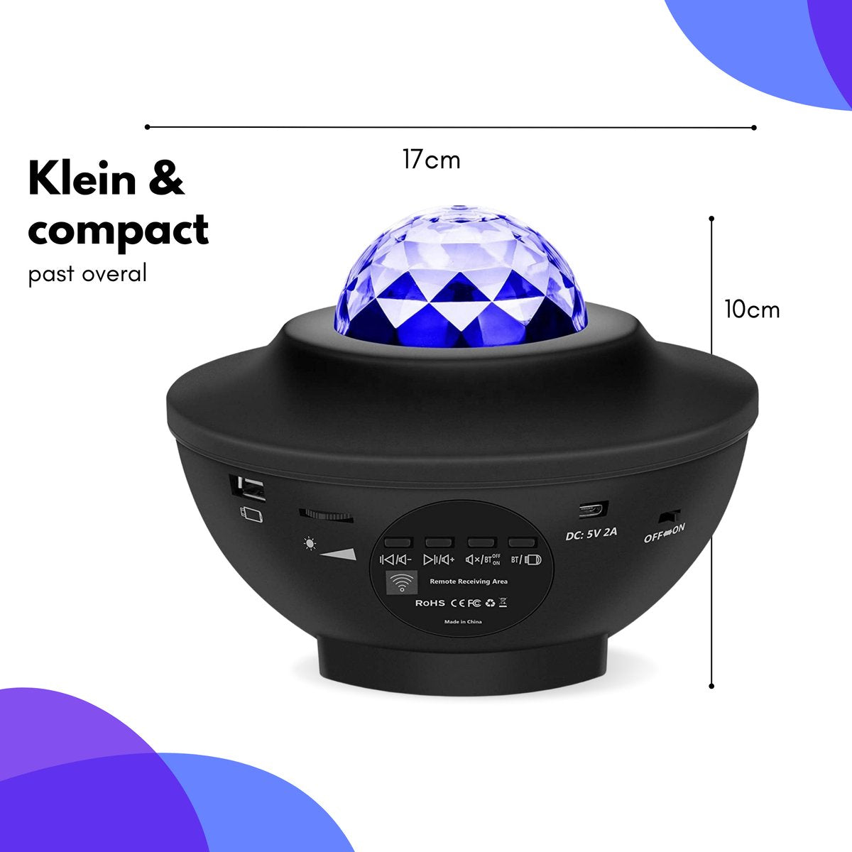 Compacte zwarte sterrenprojector met afmetingen en moderne uitstraling, geschikt voor elke kamer.